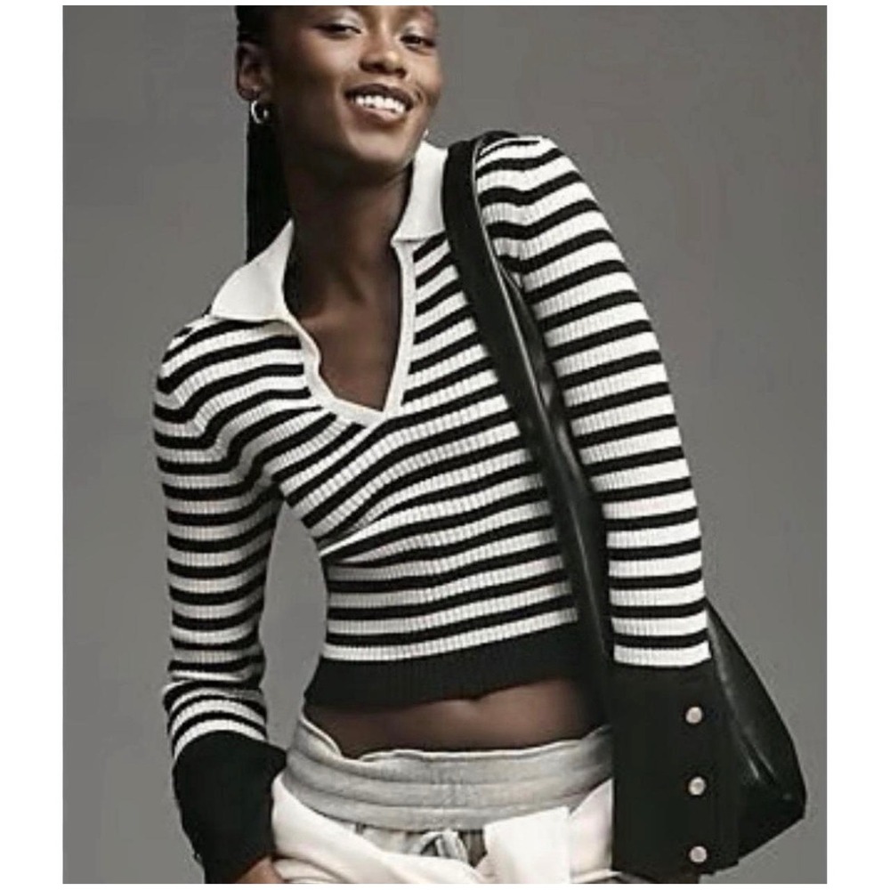 Maeve Anthropologie Bell Sleeve Polo Sweater Womens Small Black White Prep